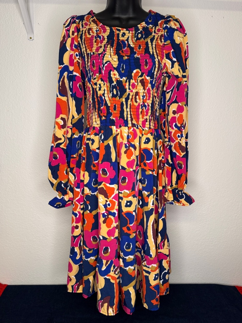 SundayUp Long Sleeve Floral Smock Dress in Navy, Pink & Orange